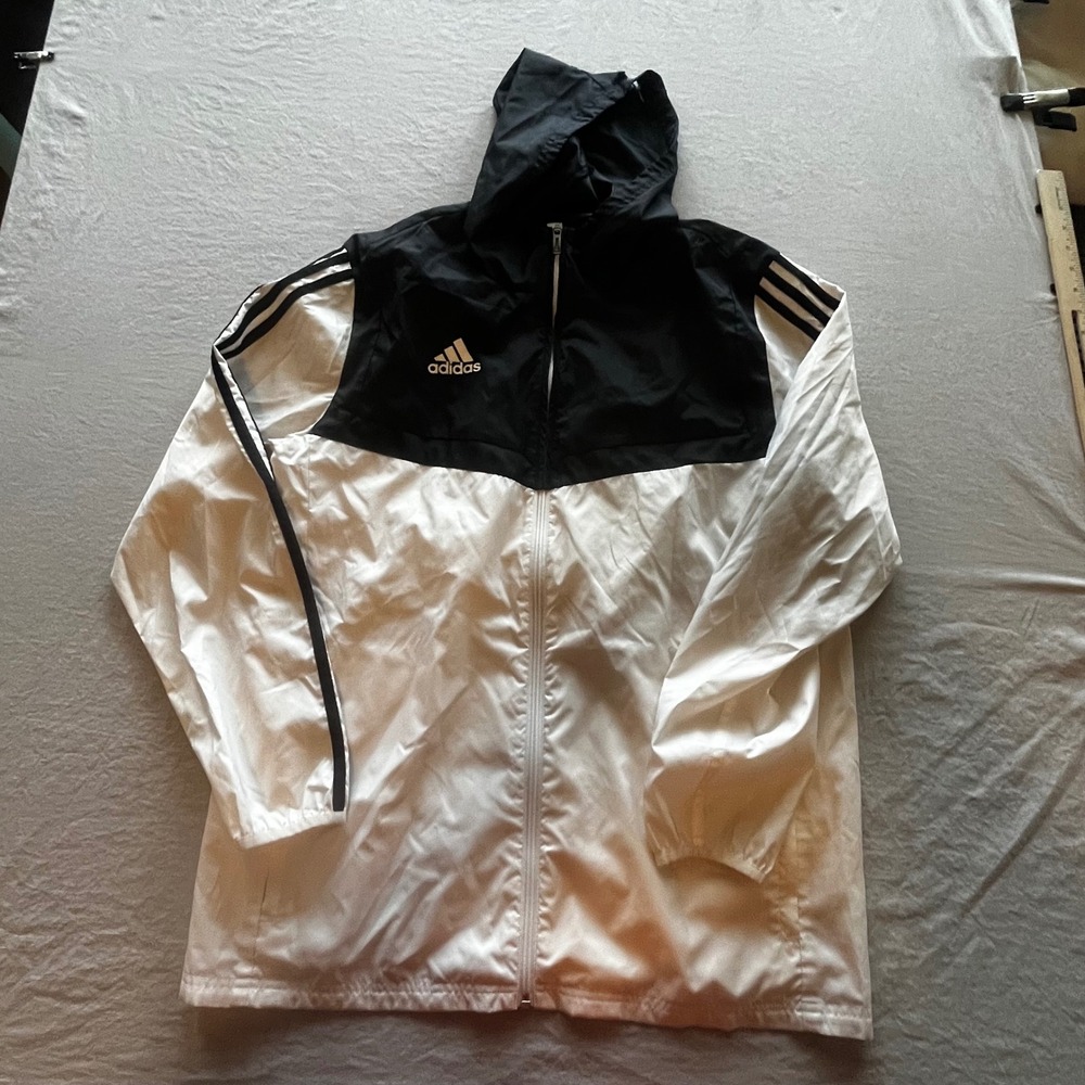Adidas Mens Windbreaker Jacket Black White Full Zip Hooded 3-Stripe Size Medium